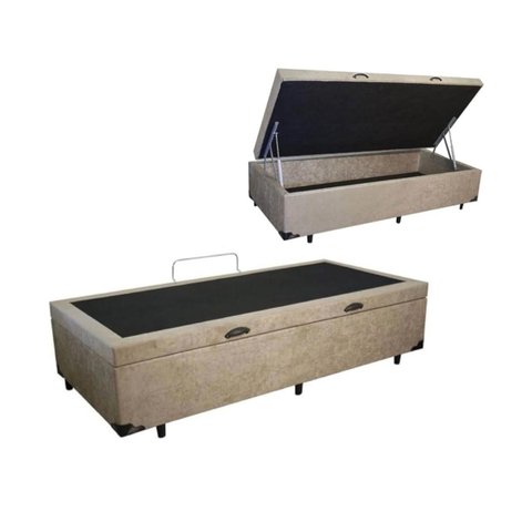Cama Báu Box Base Solteiro Suede Bege com Pistão a Gás.