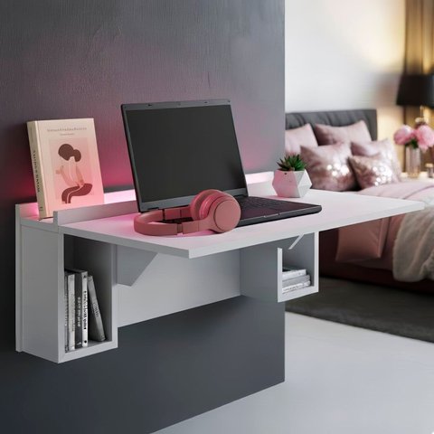 Escrivaninha Mesa Dobrável com Nichos e LED Rosa Neon 78,5cm Branco