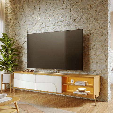 Rack TV Bancada 220cm 2 Portas de Correr Pé Metálicos c/LED Samira C04 - D'Rossi