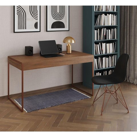 Escrivaninha Industrial Escritório Amêndoa 137X53Cm Malta Com 1 Cadeira Preta Base Cobr Cor: