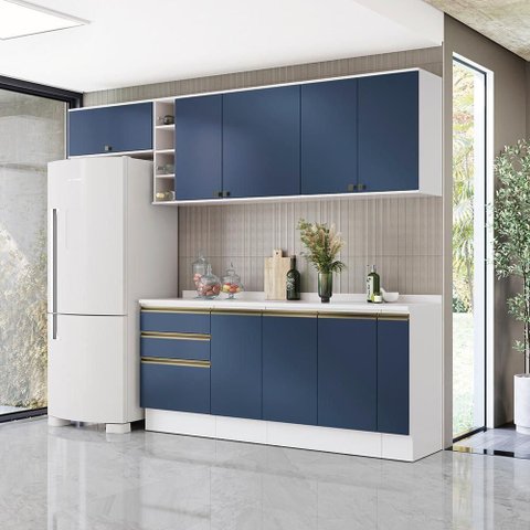Armário de Cozinha Completa Garrafeiro 100% Mdf 280cm Branco/azul Profundo Celeste Kappesberg
