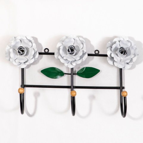Cabideiro de Parede Suporte Artesanal 3 Ganchos Flor Branca