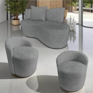 Kit Namoradeira + 2 Poltronas Yara Orgânica Linho Cinza