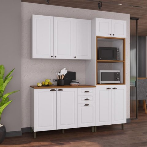 Armário de Cozinha Modulada Compacta Fidelitá Nara 100% MDF 3 Peças 190cm 10 Portas 2 Gavetas com