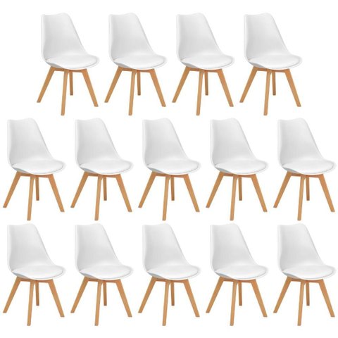 Conjunto 14 Cadeiras de Jantar Eames Wood Leda Design Estofada - Branco