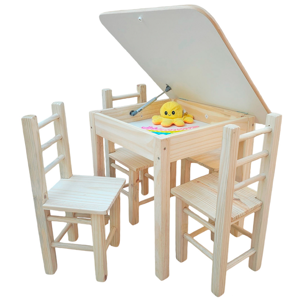 Conjunto de Mesa Baú com 4 Cadeiras Infantil de Madeira Maciça Resistente