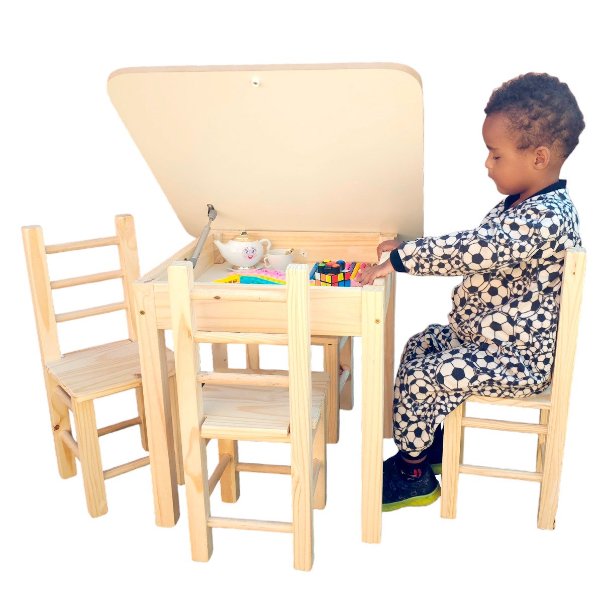 Conjunto de Mesa Baú com 4 Cadeiras Infantil de Madeira Maciça Resistente