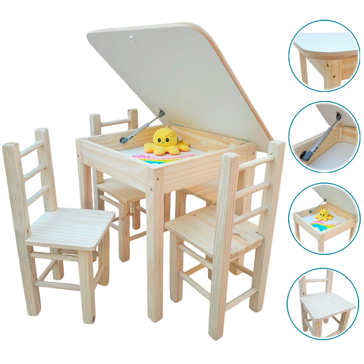 Conjunto de Mesa Baú com 4 Cadeiras Infantil de Madeira Maciça Resistente - 2