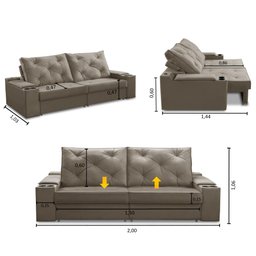 Sofá Retrátil Reclinável 3 Lugares 2,00m com Porta Copos e Usb Helena Suede Capuccino Adonai - 2