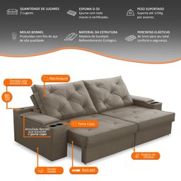 Sofá Retrátil Reclinável 3 Lugares 2,00m com Porta Copos e Usb Helena Suede Capuccino Adonai - 3