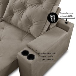 Sofá Retrátil Reclinável 3 Lugares 2,00m com Porta Copos e Usb Helena Suede Capuccino Adonai - 4