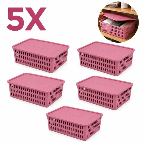 Kit 5 Caixa Organizadora Grande Infantil com Tampa Empilhavel Cesto Rosa Vazado Multiuso Armario Gua