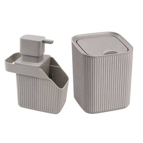 Kit Organizador para Pia de Cozinha 2 Peças Cinza Canelado Prime Porta Detergente e Lixeira 3 Litros