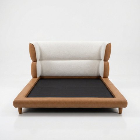 Conjunto Cama Japonesa Queen Cabeceira Alta Estofada Curva Boucle Courino Premiun Luxo Desing Unico