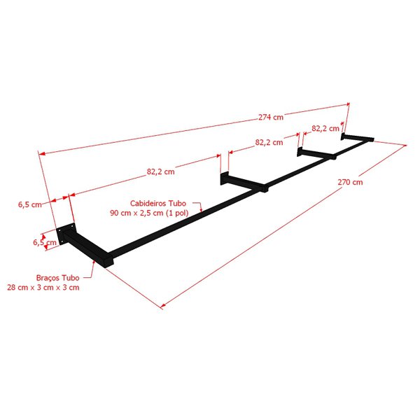 Arara de Parede para Loja Modelo Premium Leve Comac - 8 Tamanhos - Preto - 270cm - 2