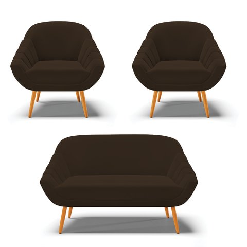Kit 01 Namoradeira 02 Lugares e 02 Poltronas Giovana Suede Marrom Pés Palito Castanho - D’Rossi