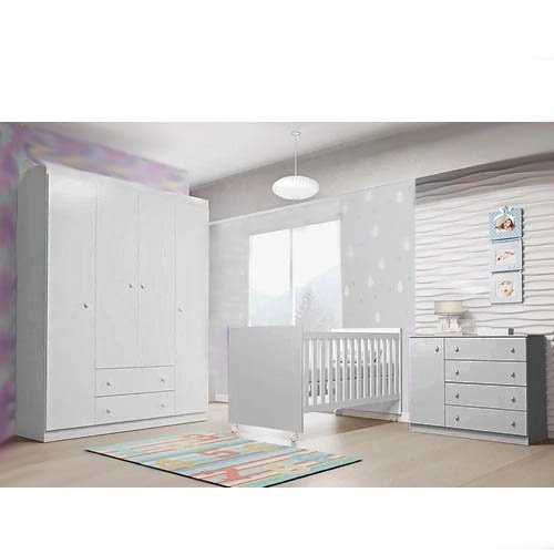 Quarto Infantil Completo Elisa com Guarda Roupa 4 Portas, Cômoda 1 Porta e Berço 2 em 1 Branco - Pho - 1