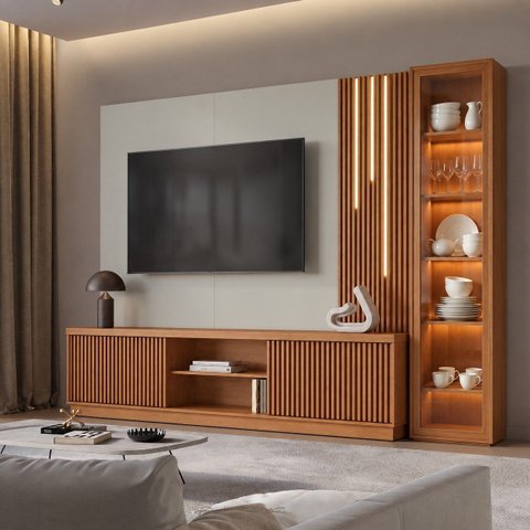 Conjunto Home Arezzo + Módulo Cristaleira Dominus Home Off White/Naturalle com LED Mavaular