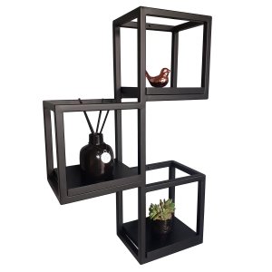 Suporte 3 Nichos Industrial de Parede Ferro e Mdf Preto