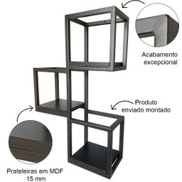 Suporte 3 Nichos Industrial de Parede Ferro e Mdf Preto - 2