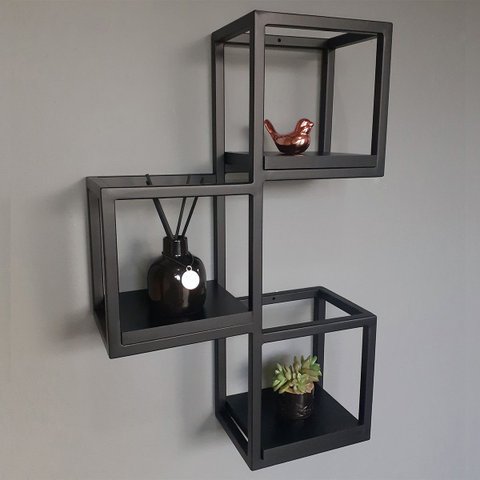 Suporte 3 Nichos Industrial de Parede Ferro e Mdf Preto