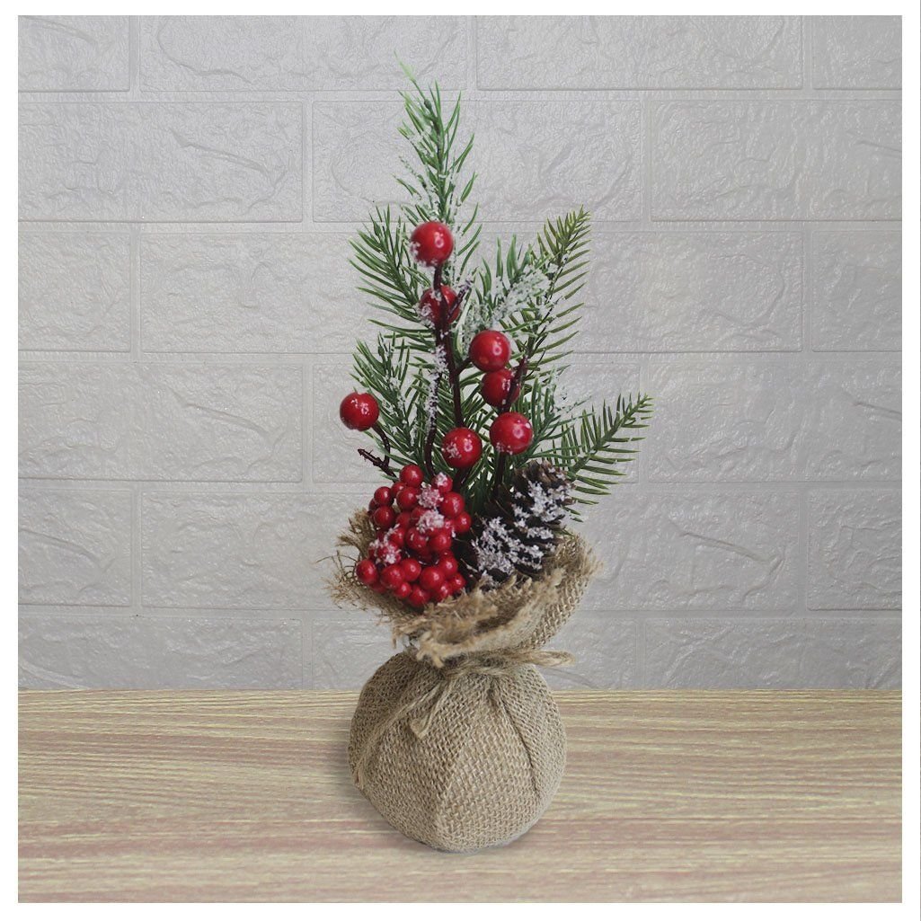 Enfeite de Mesa Natal Berry Vermelhos e Saco de Juta 28cm