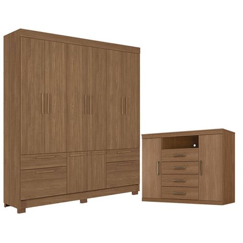 Guarda Roupa Casal 8 Portas Curitiba e Cômoda Havana Master Jatobá Acetinado - Santos Andirá