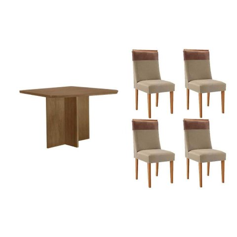 Conjunto: Mesa Sala Jantar Berlim Curvo 90cm + 4 Cadeiras Jaspe Naturale - Linho Bege - Rufato