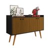 Aparador Buffet Pés Palito Retrô 4 Portas Decoração Sala Jantar Cantinho Café - Preto|ripado Nature - 1
