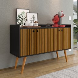 Aparador Buffet Pés Palito Retrô 4 Portas Decoração Sala Jantar Cantinho Café - Preto|ripado Nature - 3