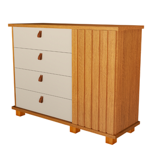 Cômoda com 4 Gavetas 1 Porta Ripada Puxadores de Couro Pés Madeira Quarto