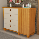 Ver imagem 2 de Cômoda com 4 Gavetas 1 Porta Ripada Puxadores de Couro Pés Madeira Quarto