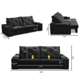 Sofá Retrátil Reclinável 3 Lugares 2,00m com Porta Copos e Usb Helena Suede Preto Adonai - 2