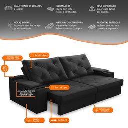 Sofá Retrátil Reclinável 3 Lugares 2,00m com Porta Copos e Usb Helena Suede Preto Adonai - 3