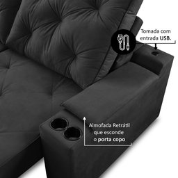 Sofá Retrátil Reclinável 3 Lugares 2,00m com Porta Copos e Usb Helena Suede Preto Adonai - 4