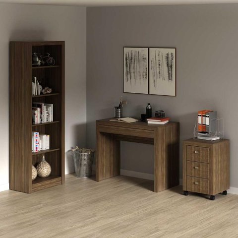 Kit para Escritório com Mesa Estante 5 Nichos e Gaveteiro no Cor:nogal