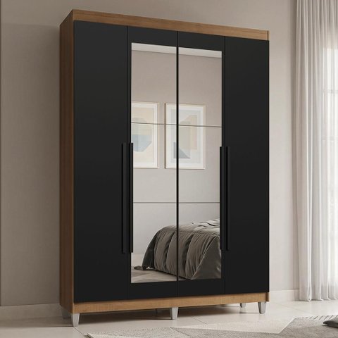 Guarda-Roupa Solteiro com Pés 4 Portas Batentes com Espelho Rustic/Preto/Preto Saturno Madesa