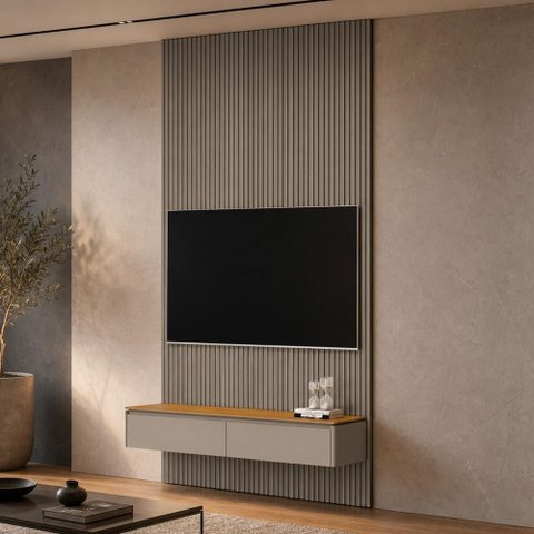 Painel Ripado para TV 60 pol com Bancada Suspensa Orgânica 141cm Slats L05 Tauari Gris Fosco - Lyam