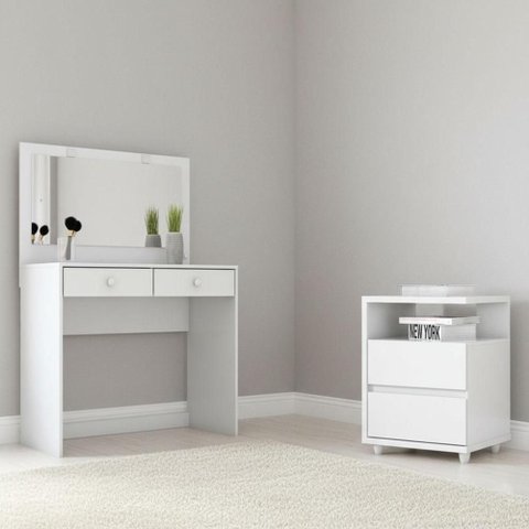 Penteadeira Daila com Led e Mesa de Cabeceira Campeche Ambiente Branco - Henn