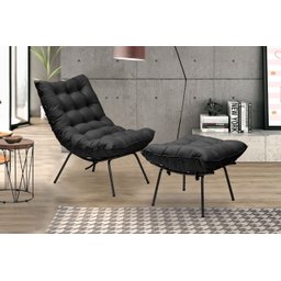 Poltrona Costela com Puff Adão Preto - Veludo Preto - Jotabe - 1