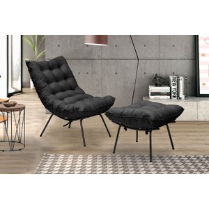 Poltrona Costela com Puff Adão Preto - Veludo Preto - Jotabe