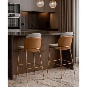 Kit com 2 Banquetas Cristal Alta Aço Carbono Cor Champanhe e Revestimento em Linho – Exclusiva Linho