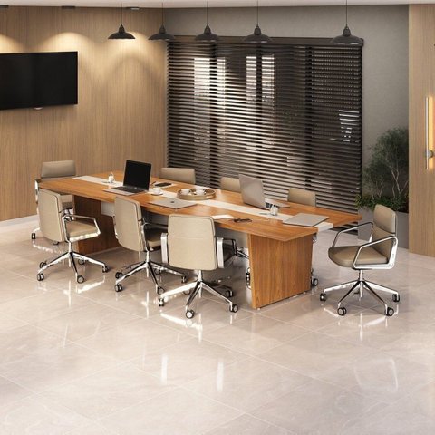 Kit Mesa Reunião Escritório 8 Lugares com 2 Módulos p/Extensão, Caixa de Tomada, Tampotamburato 50mm Marrom/Freijó/Branco Artany