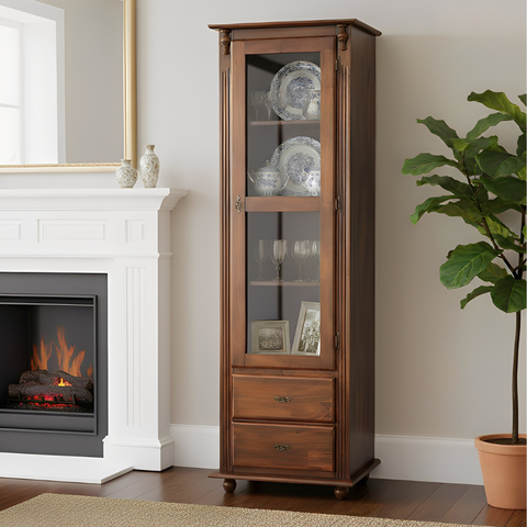 Cristaleira Farmhouse de Madeira 1 Porta 2 Gavetas e Pés Torneados - Castanho Envelhecido