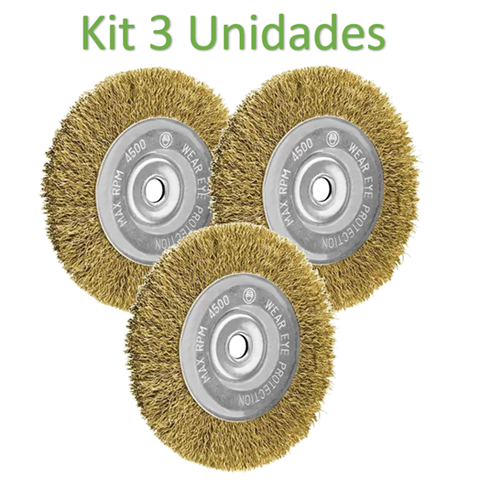 Kit 3 Unidades Escova Aço Carbono Circular, Ondulado 100mm Diâmetro e Furo 22,2mm