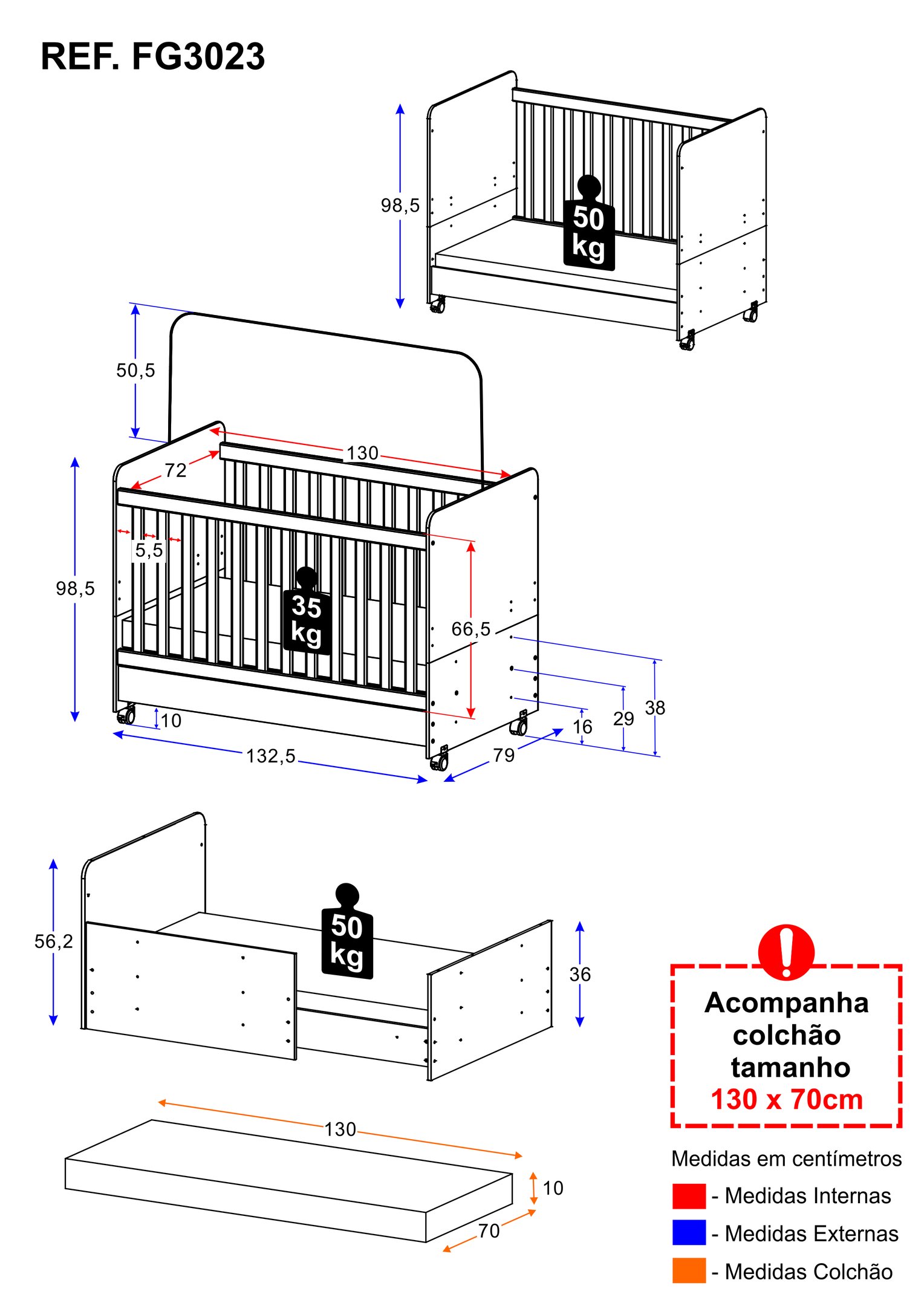 Berço Americano 3 em 1 com Colchão Incluso e Rodízios Multimóveis ...