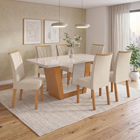 Conjunto Sala de Jantar Mesa Apogeu 1,70m Maxi Tampo com Vidro com 6 Cadeiras Veludo Creme