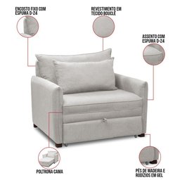Poltrona Cama Retrátil Solteiro com Rodízio Cloe Bouclê Cinza Claro E03 - D'rossi - 3