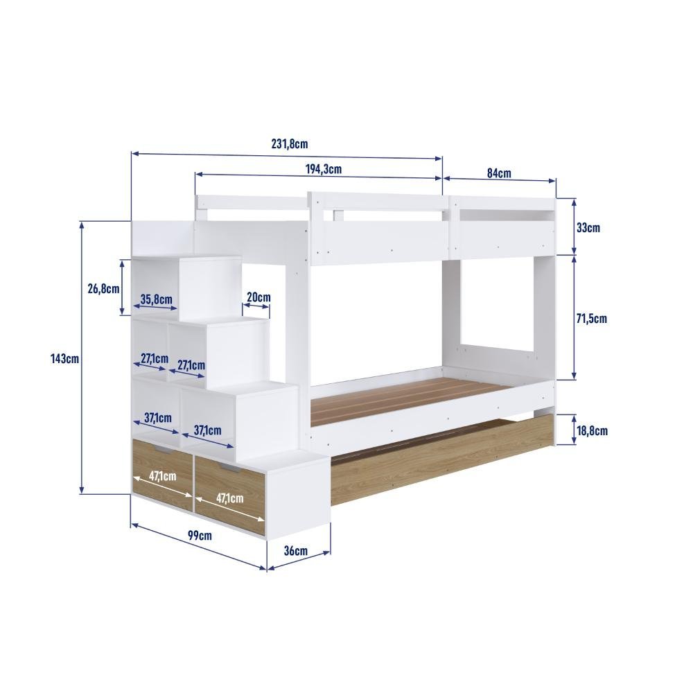 Treliche Infantil com Escada Nicho e Gaveta Linha Infanto Branco/ Aveiro Oak Bi005 Completa Móveis - 3