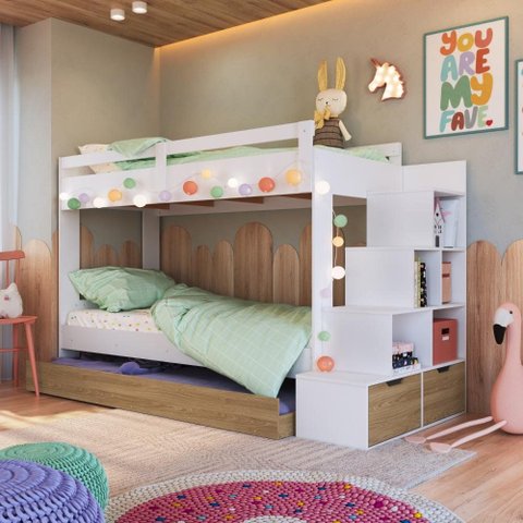 Treliche Infantil com Escada Nichos e Cama Auxiliar Branco/Oak - Completa Móveis